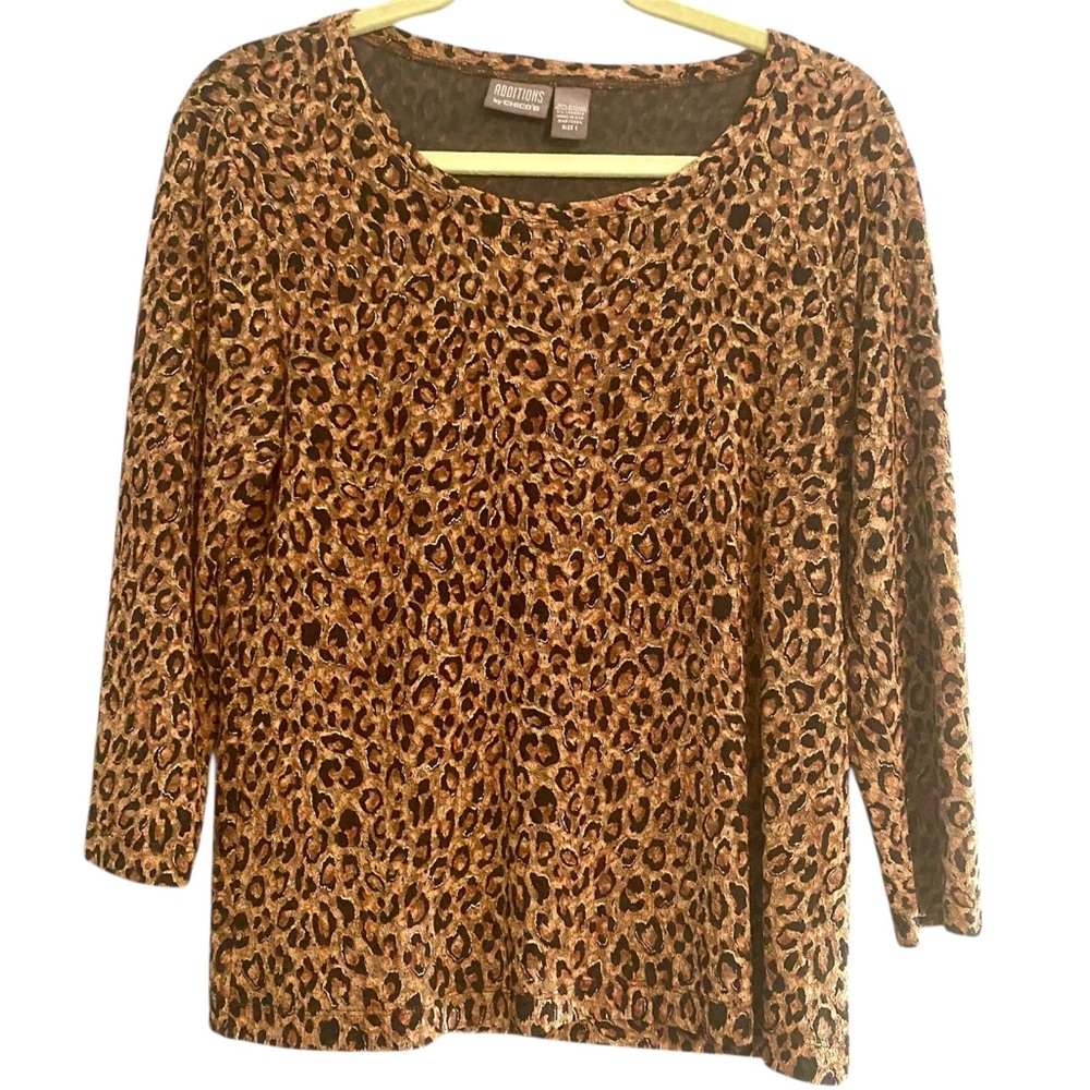 Additions Chico's Brown Gold Leopard Print Mesh Double Lined 3/4 Sleeve Top M